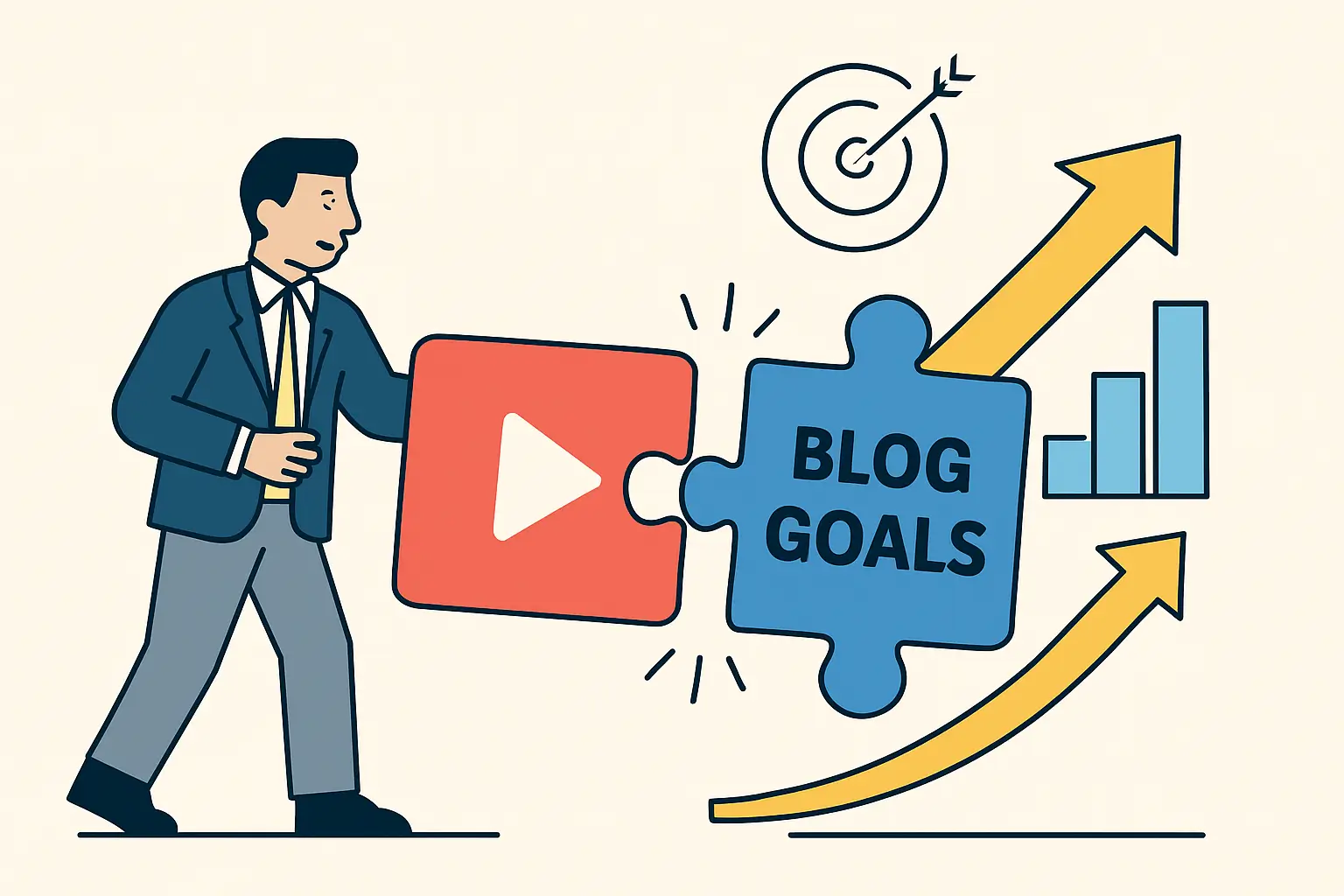 Man putting video puzzle into blog goal puzzle