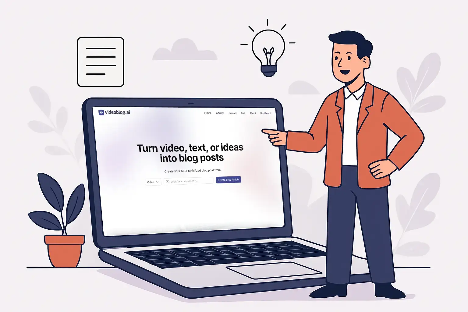 Man pointing to Video Blog AI homepage on a laptop