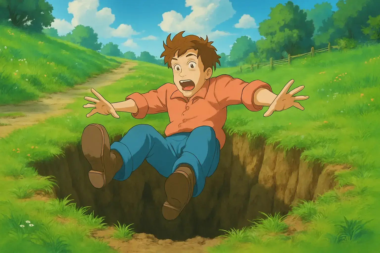 An adult about to fall into a pitfall.