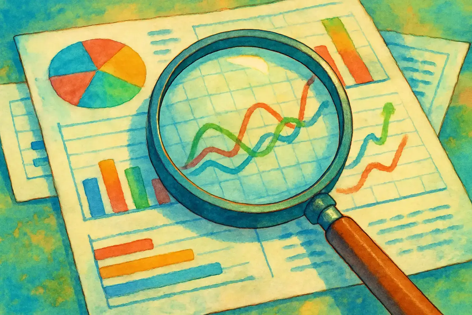 A magnifying glass over some analytic graphs.