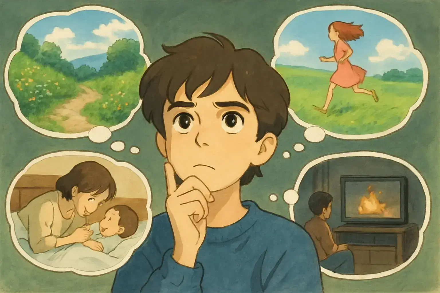 A person thinking with thought bubbles to different videos.