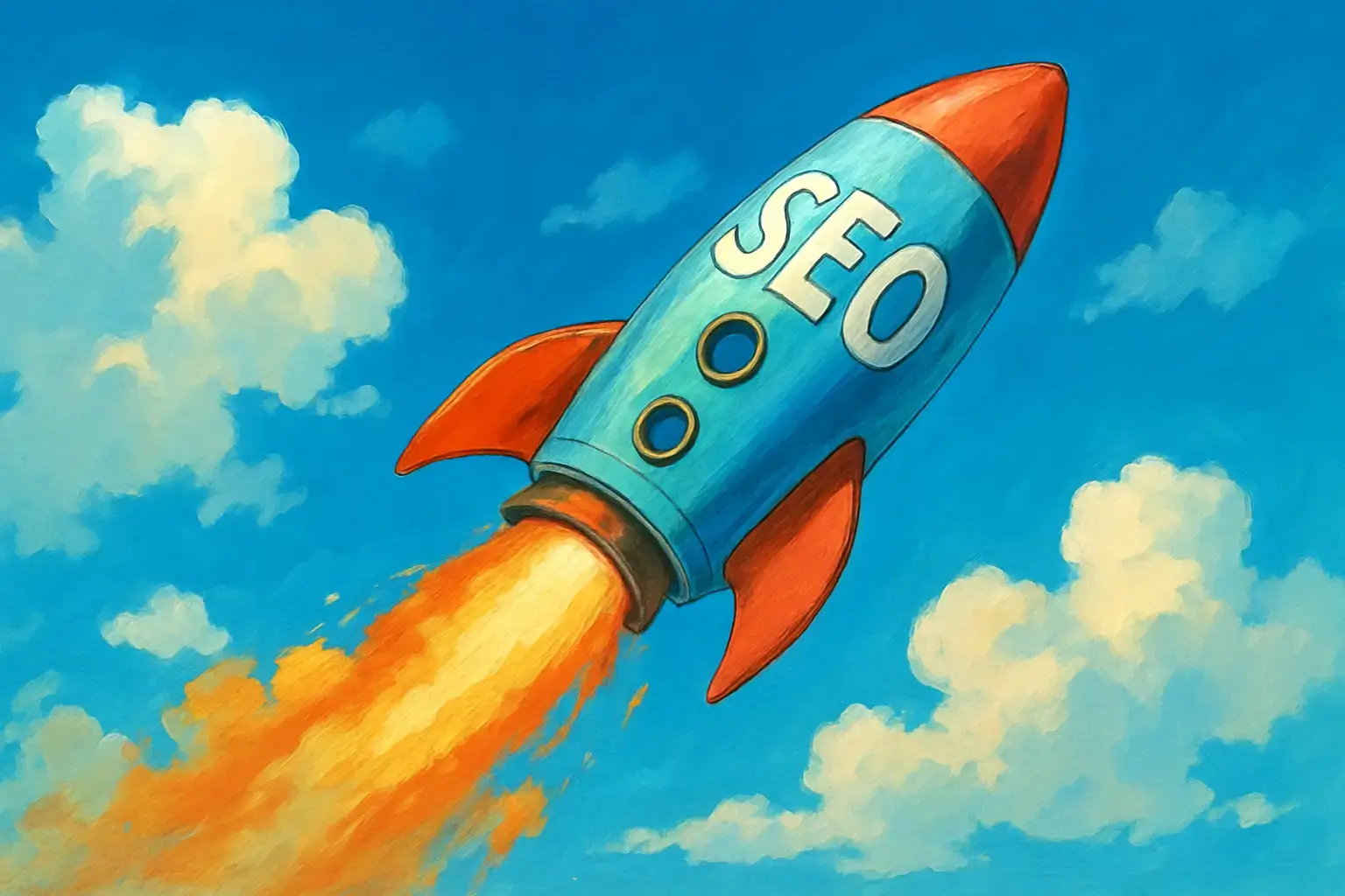 An SEO rocketship moving to the right.