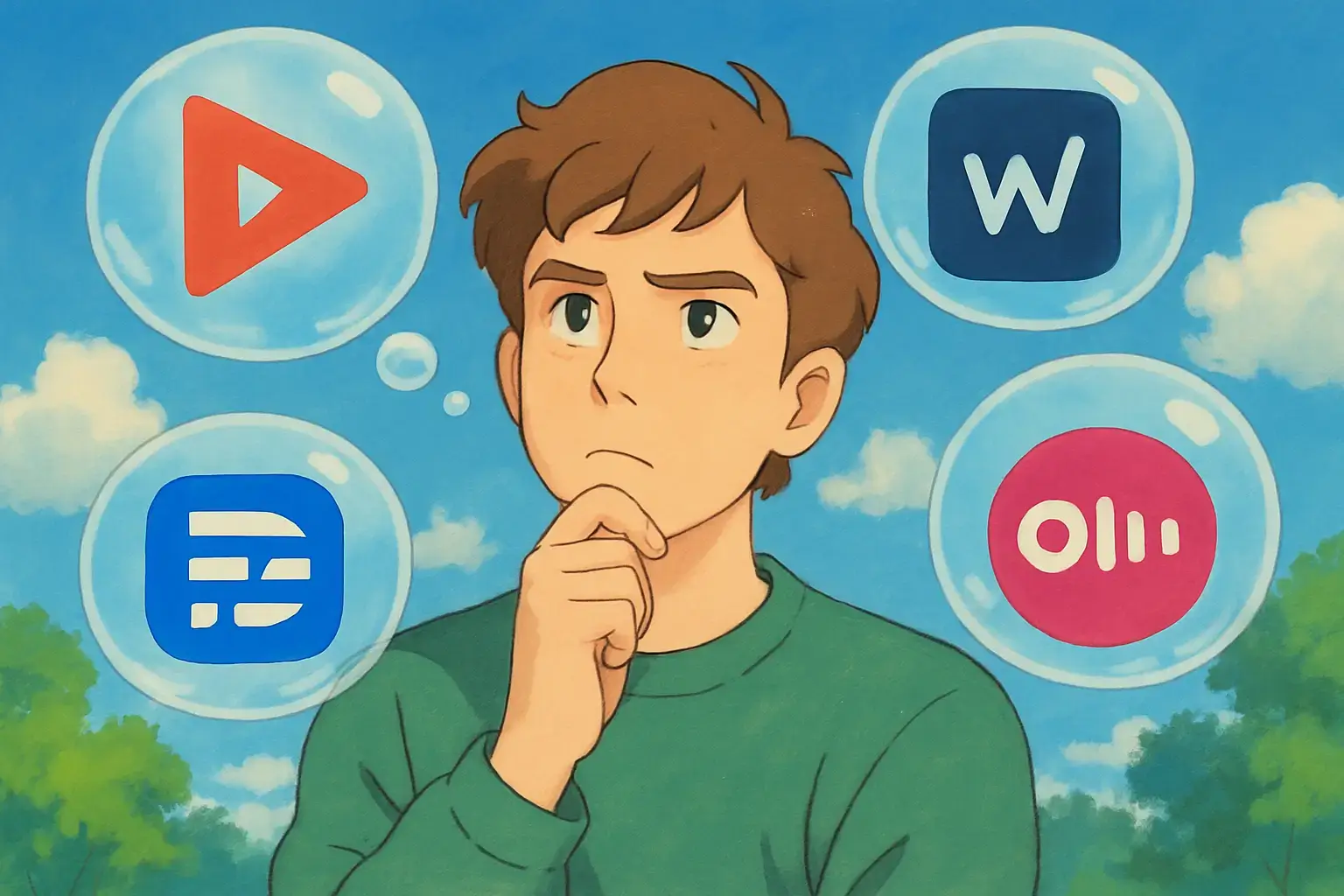 An adult thinking while bubbles of different software icons for video transcription softwares float around him.