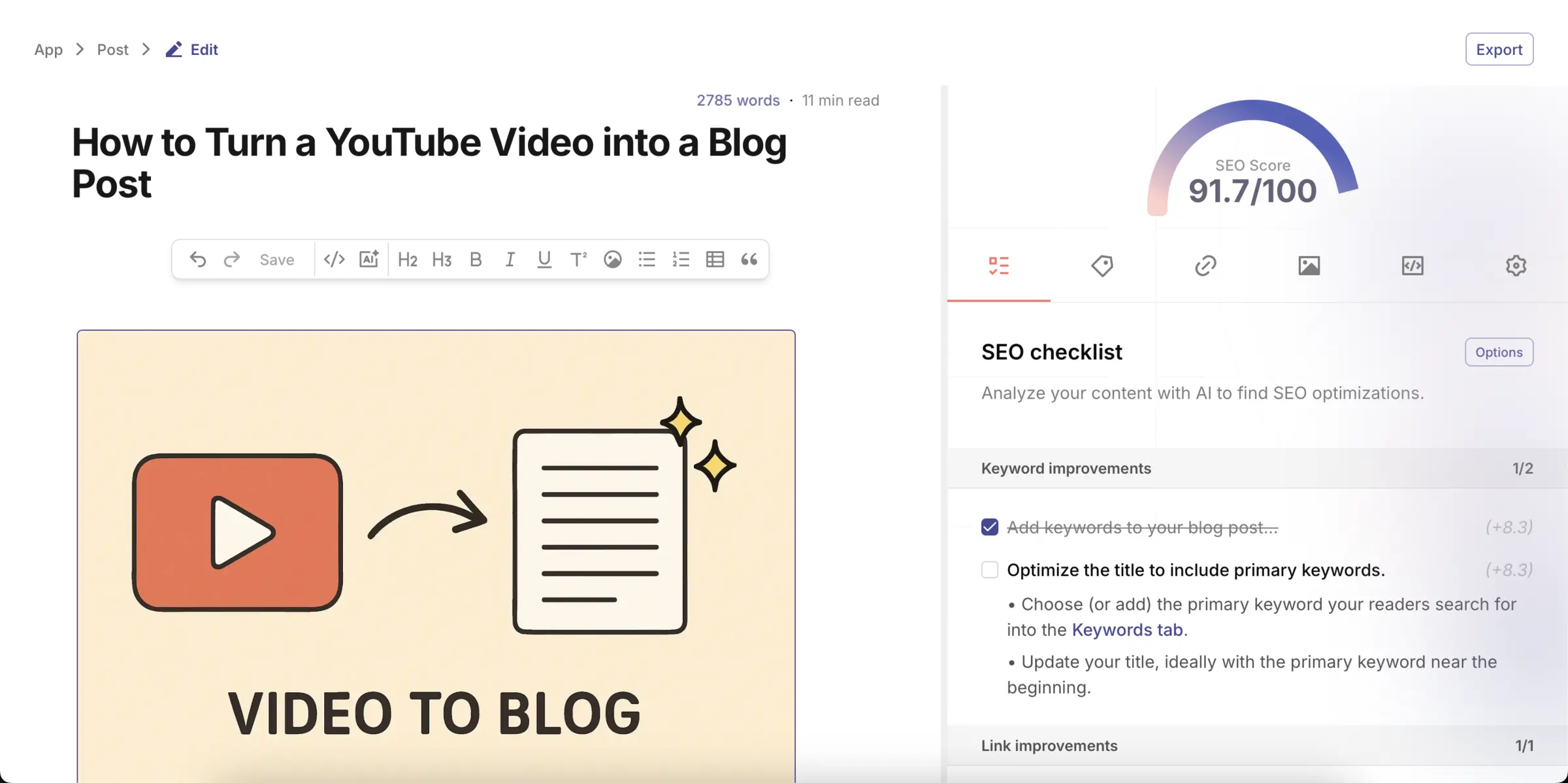 Video Blog AI SEO content editor